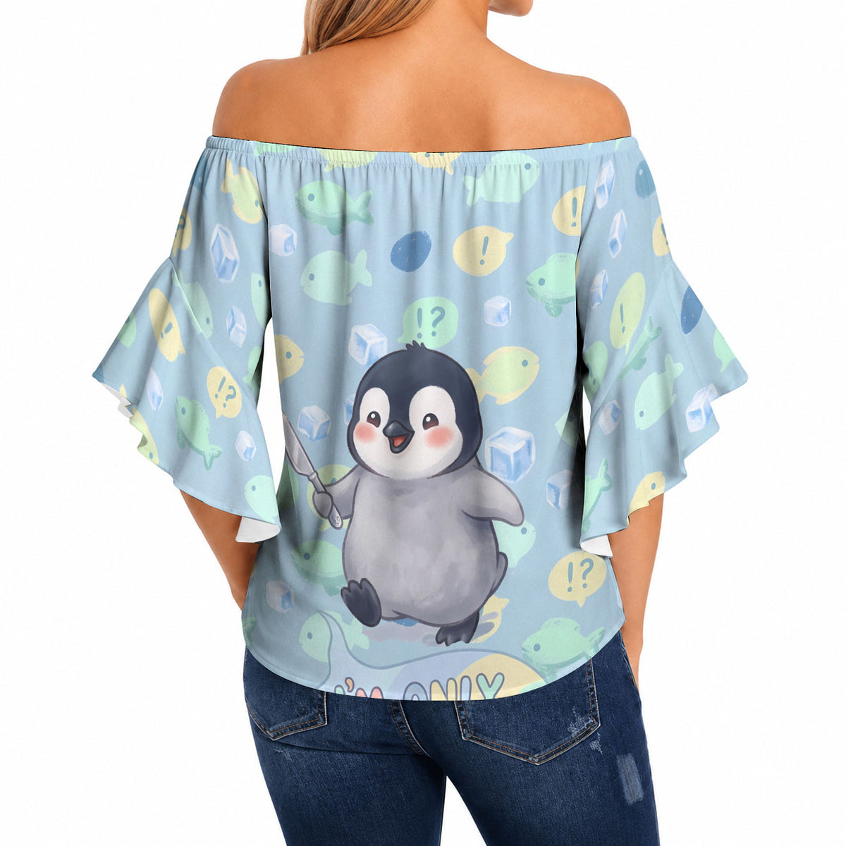 Sneaky Flipper Cute Penguin Holding Knife Off Shoulder Wrap Waist Top Funny Chibi Penguin Graphic With Ice And Fish Pattern