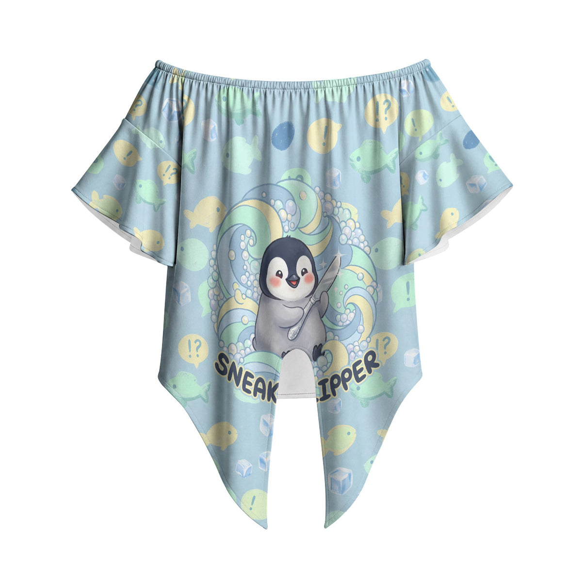Sneaky Flipper Cute Penguin Holding Knife Off Shoulder Wrap Waist Top Funny Chibi Penguin Graphic With Ice And Fish Pattern