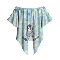 Sneaky Flipper Cute Penguin Holding Knife Off Shoulder Wrap Waist Top Funny Chibi Penguin Graphic With Ice And Fish Pattern