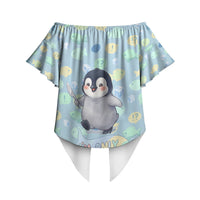 Sneaky Flipper Cute Penguin Holding Knife Off Shoulder Wrap Waist Top Funny Chibi Penguin Graphic With Ice And Fish Pattern