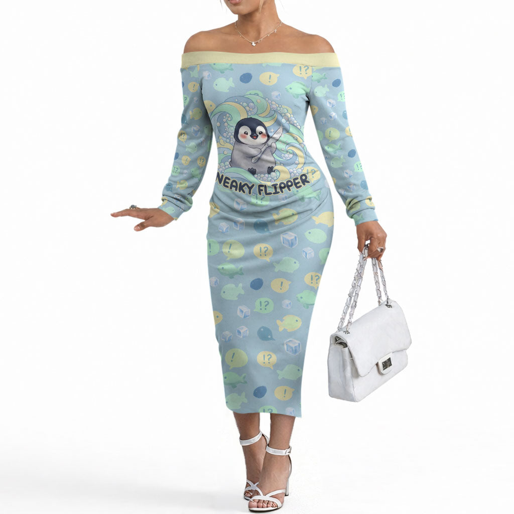 Sneaky Flipper Cute Penguin Holding Knife Off The Shoulder Long Sleeve Dress Funny Chibi Penguin Graphic With Ice And Fish Pattern