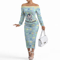 Sneaky Flipper Cute Penguin Holding Knife Off The Shoulder Long Sleeve Dress Funny Chibi Penguin Graphic With Ice And Fish Pattern