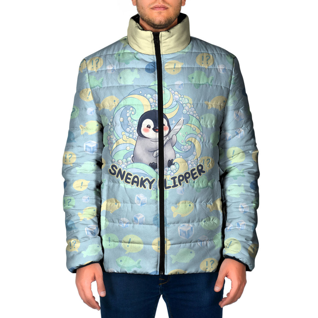 Sneaky Flipper Cute Penguin Holding Knife Padded Jacket Funny Chibi Penguin Graphic With Ice And Fish Pattern