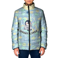 Sneaky Flipper Cute Penguin Holding Knife Padded Jacket Funny Chibi Penguin Graphic With Ice And Fish Pattern