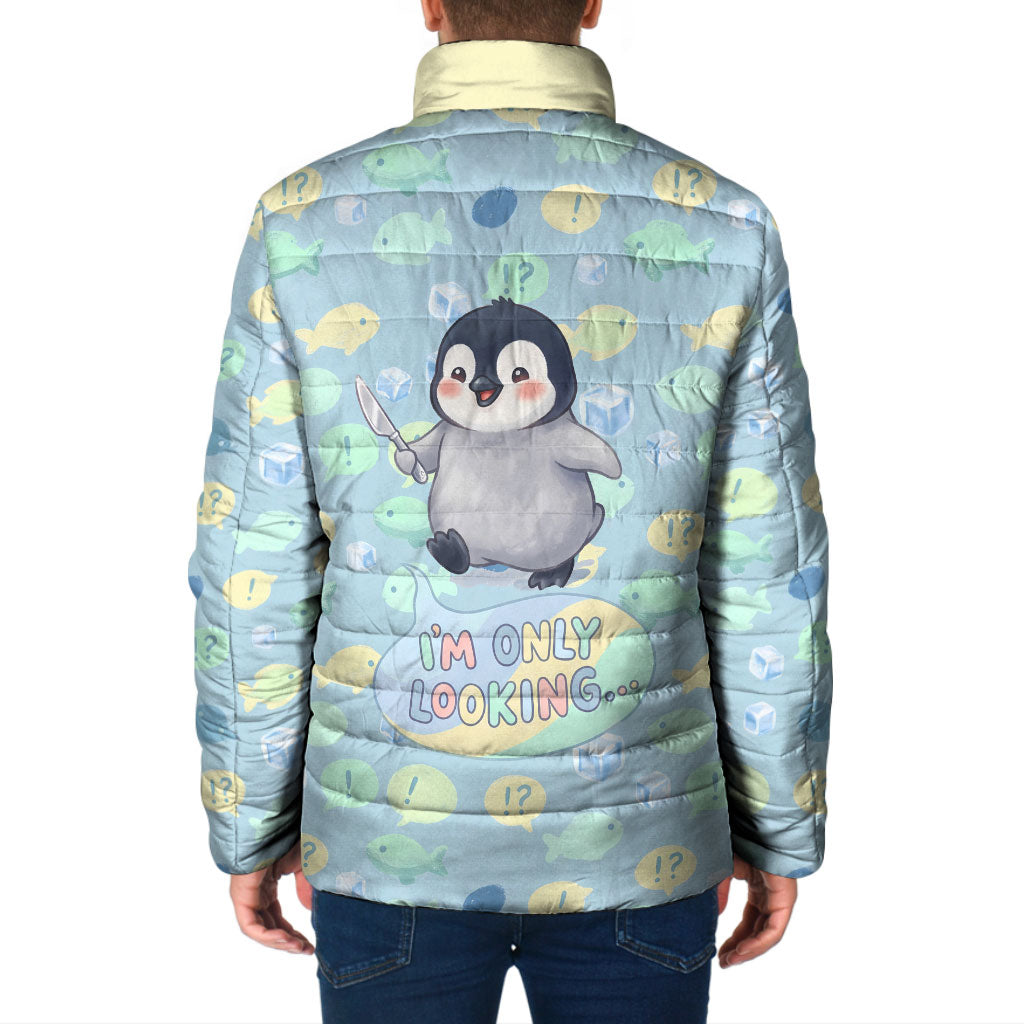 Sneaky Flipper Cute Penguin Holding Knife Padded Jacket Funny Chibi Penguin Graphic With Ice And Fish Pattern