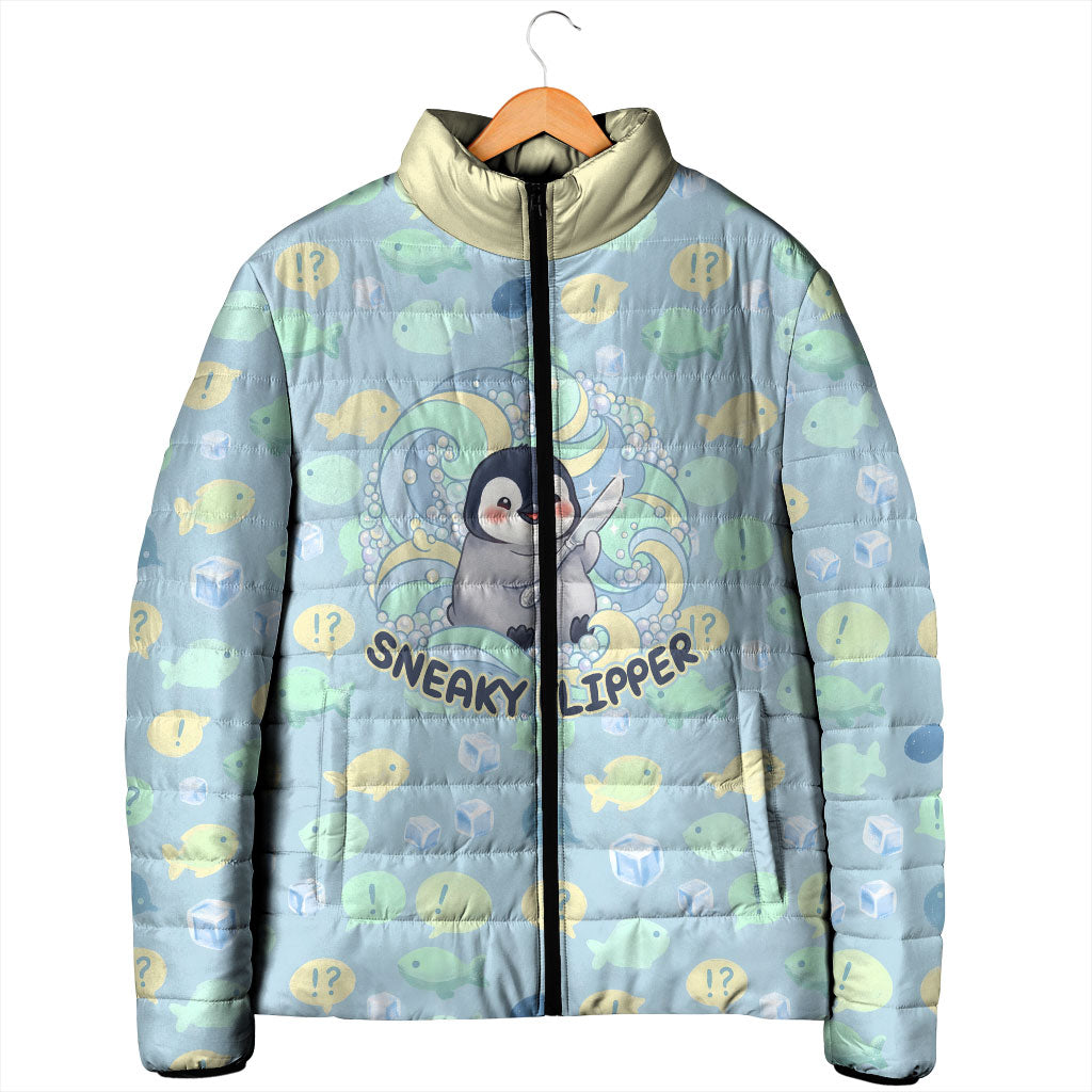 Sneaky Flipper Cute Penguin Holding Knife Padded Jacket Funny Chibi Penguin Graphic With Ice And Fish Pattern