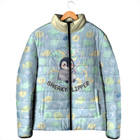 Sneaky Flipper Cute Penguin Holding Knife Padded Jacket Funny Chibi Penguin Graphic With Ice And Fish Pattern