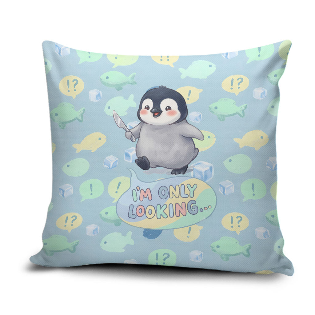 Sneaky Flipper Cute Penguin Holding Knife Pillow Cover Funny Chibi Penguin Graphic With Ice And Fish Pattern