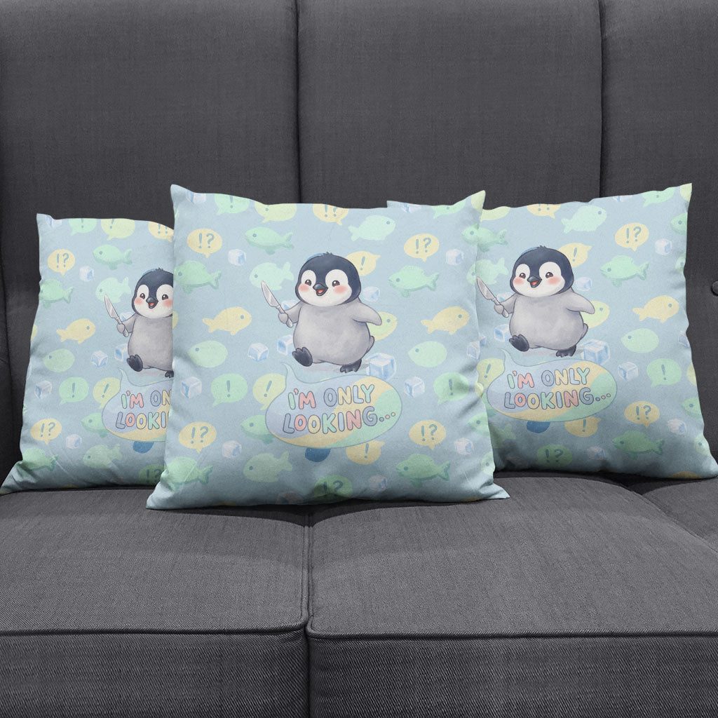 Sneaky Flipper Cute Penguin Holding Knife Pillow Cover Funny Chibi Penguin Graphic With Ice And Fish Pattern