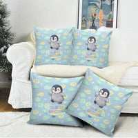 Sneaky Flipper Cute Penguin Holding Knife Pillow Cover Funny Chibi Penguin Graphic With Ice And Fish Pattern