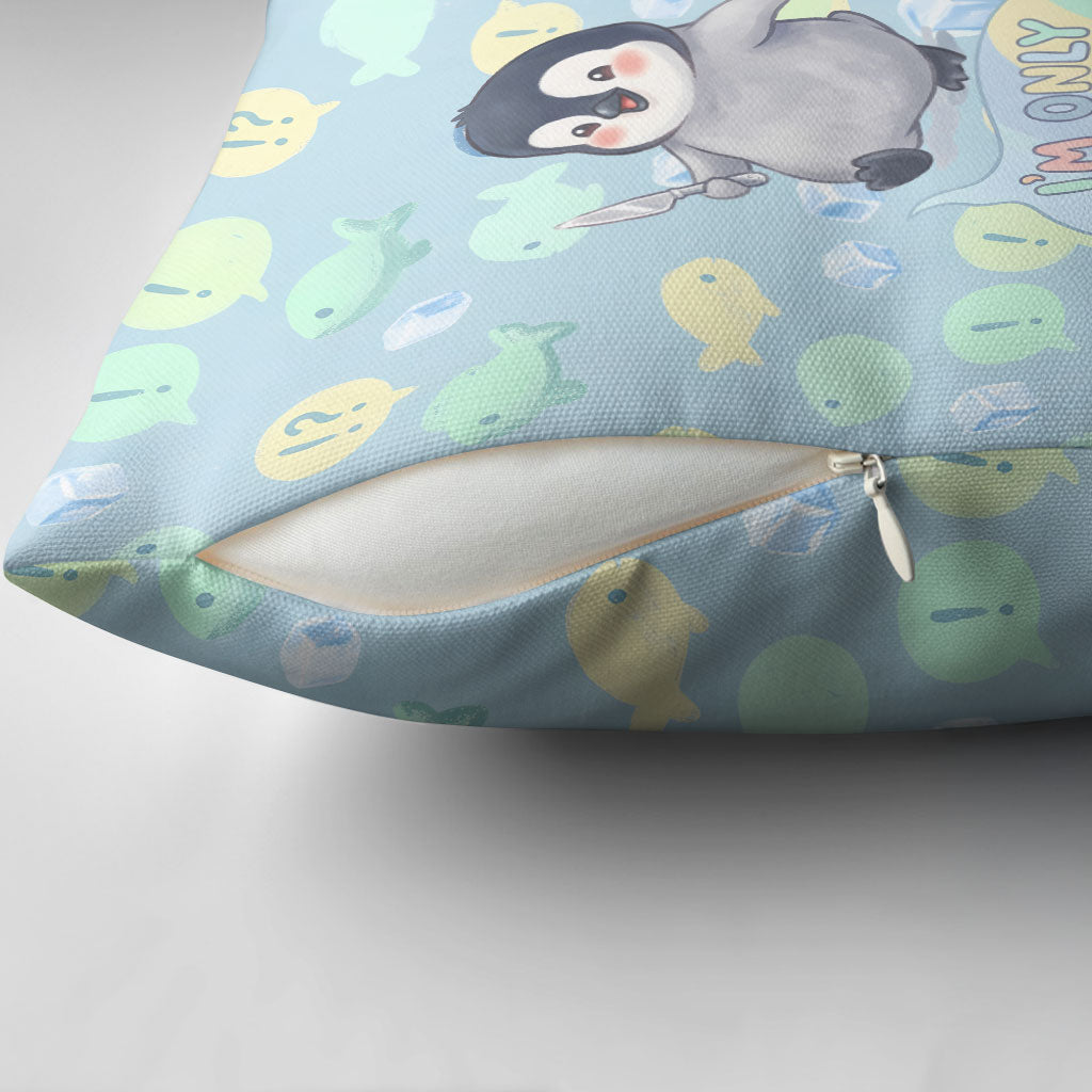 Sneaky Flipper Cute Penguin Holding Knife Pillow Cover Funny Chibi Penguin Graphic With Ice And Fish Pattern