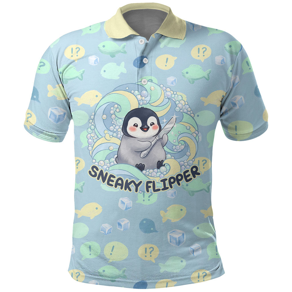 Sneaky Flipper Cute Penguin Holding Knife Polo Shirt Funny Chibi Penguin Graphic With Ice And Fish Pattern