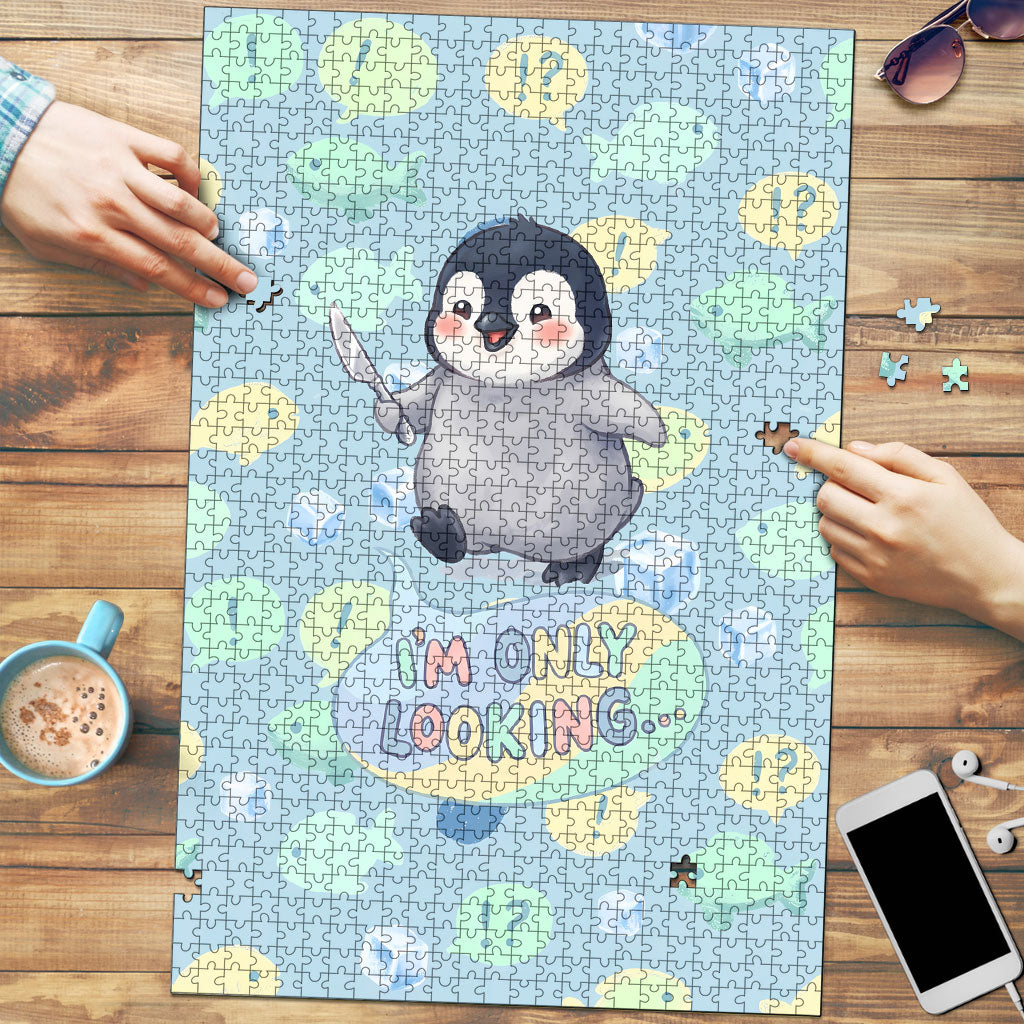 Sneaky Flipper Cute Penguin Holding Knife Puzzle Funny Chibi Penguin Graphic With Ice And Fish Pattern