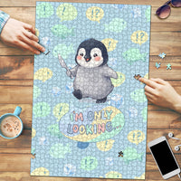 Sneaky Flipper Cute Penguin Holding Knife Puzzle Funny Chibi Penguin Graphic With Ice And Fish Pattern