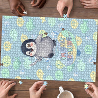 Sneaky Flipper Cute Penguin Holding Knife Puzzle Funny Chibi Penguin Graphic With Ice And Fish Pattern