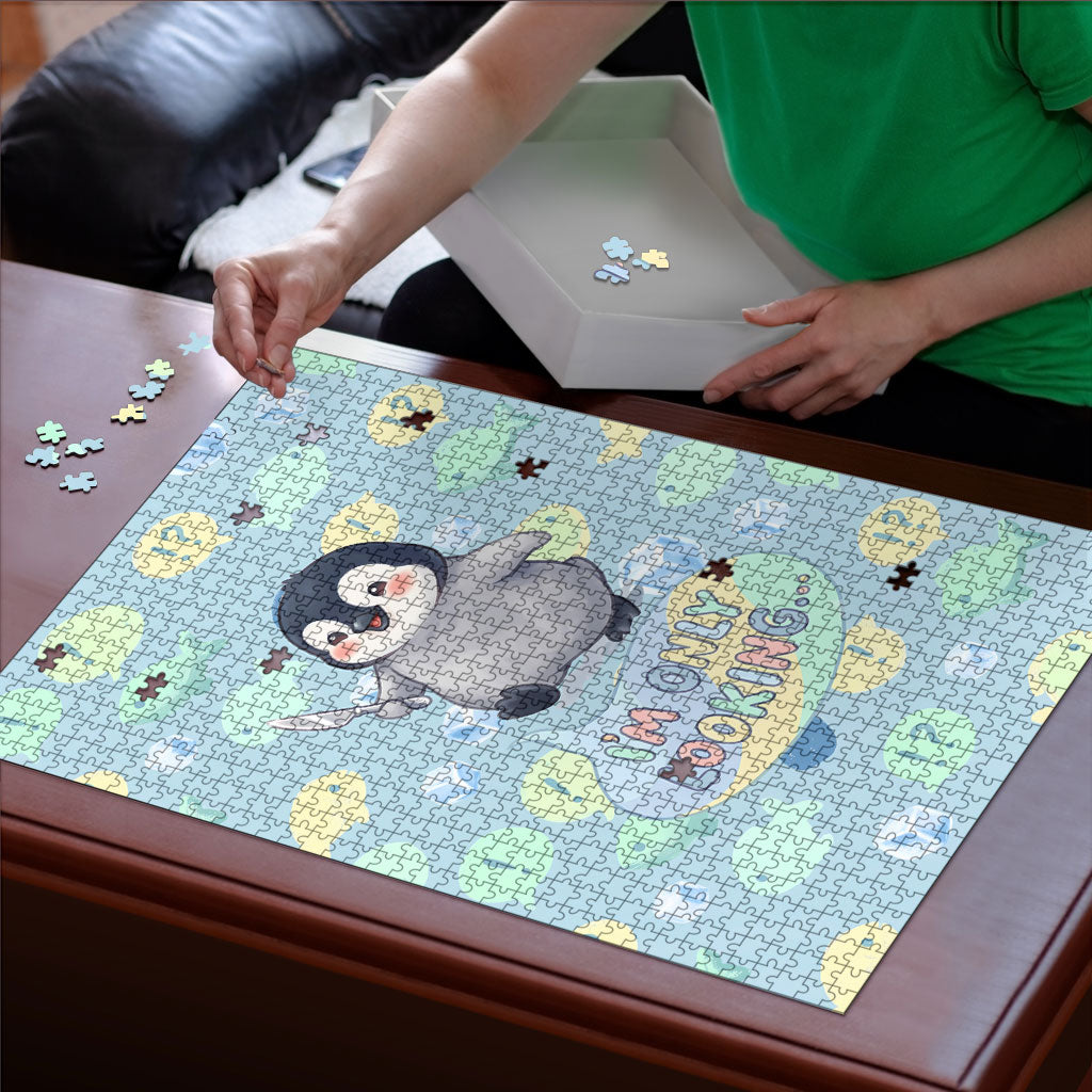 Sneaky Flipper Cute Penguin Holding Knife Puzzle Funny Chibi Penguin Graphic With Ice And Fish Pattern