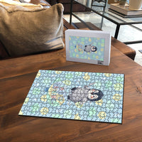 Sneaky Flipper Cute Penguin Holding Knife Puzzle Funny Chibi Penguin Graphic With Ice And Fish Pattern