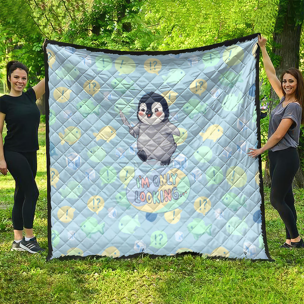 Sneaky Flipper Cute Penguin Holding Knife Quilt Funny Chibi Penguin Graphic With Ice And Fish Pattern