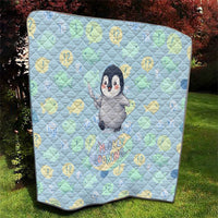 Sneaky Flipper Cute Penguin Holding Knife Quilt Funny Chibi Penguin Graphic With Ice And Fish Pattern