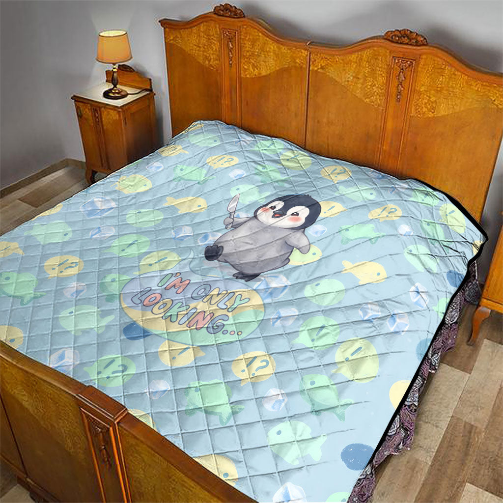 Sneaky Flipper Cute Penguin Holding Knife Quilt Funny Chibi Penguin Graphic With Ice And Fish Pattern