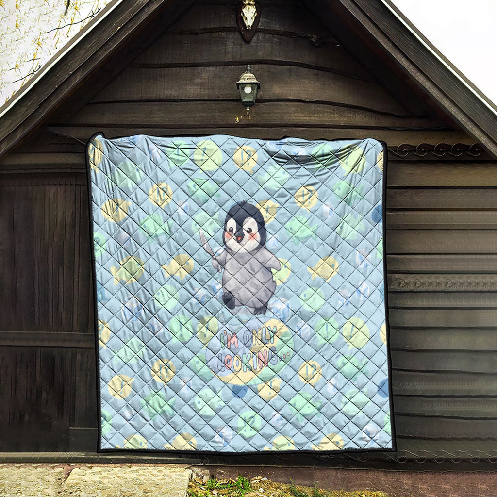 Sneaky Flipper Cute Penguin Holding Knife Quilt Funny Chibi Penguin Graphic With Ice And Fish Pattern