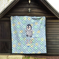 Sneaky Flipper Cute Penguin Holding Knife Quilt Funny Chibi Penguin Graphic With Ice And Fish Pattern