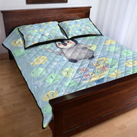 Sneaky Flipper Cute Penguin Holding Knife Quilt Bed Set Funny Chibi Penguin Graphic With Ice And Fish Pattern