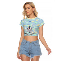 Sneaky Flipper Cute Penguin Holding Knife Raglan Cropped T Shirt Funny Chibi Penguin Graphic With Ice And Fish Pattern