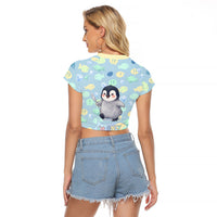 Sneaky Flipper Cute Penguin Holding Knife Raglan Cropped T Shirt Funny Chibi Penguin Graphic With Ice And Fish Pattern