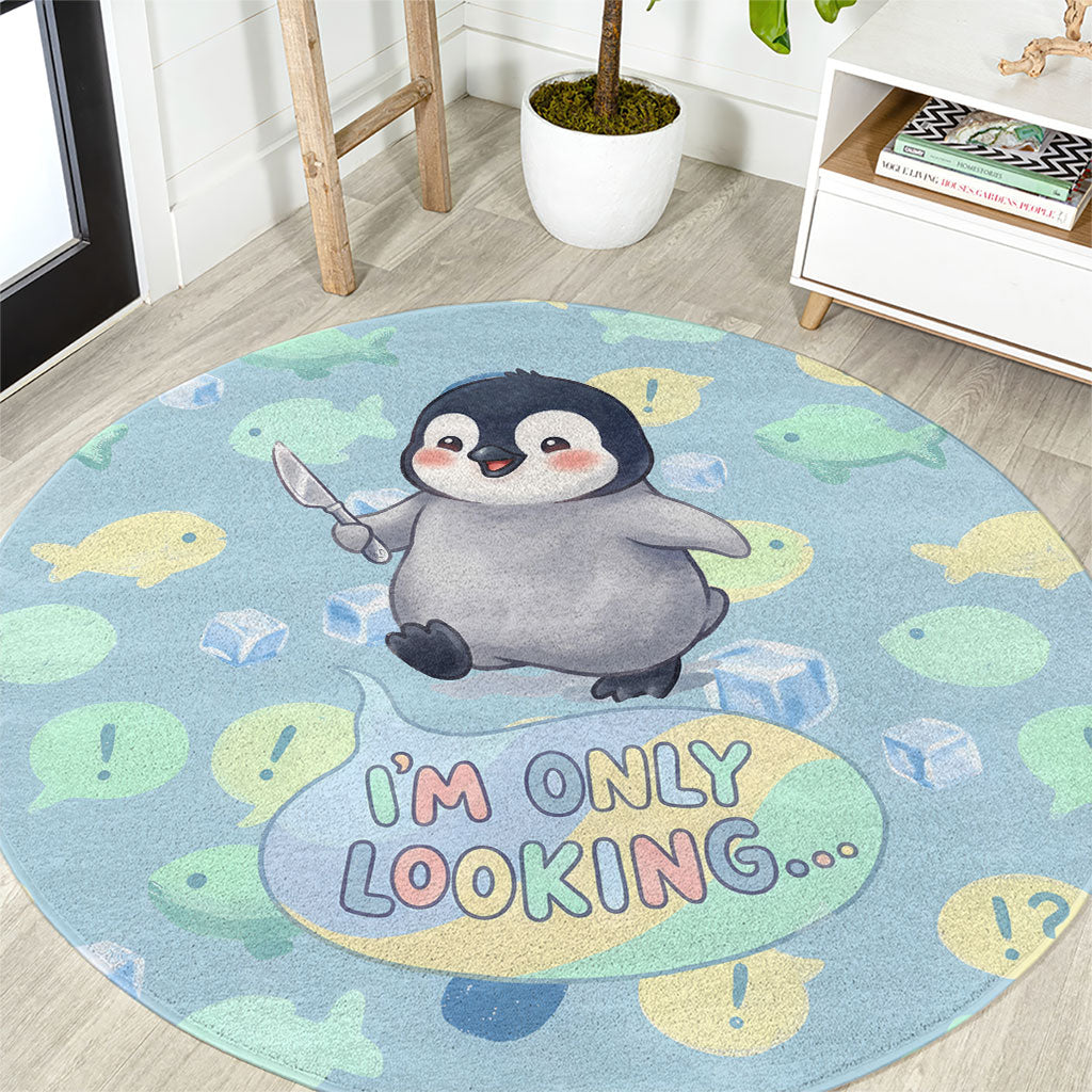 Sneaky Flipper Cute Penguin Holding Knife Round Carpet Funny Chibi Penguin Graphic With Ice And Fish Pattern