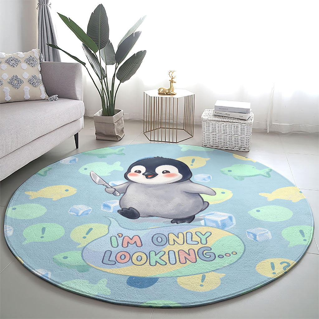 Sneaky Flipper Cute Penguin Holding Knife Round Carpet Funny Chibi Penguin Graphic With Ice And Fish Pattern