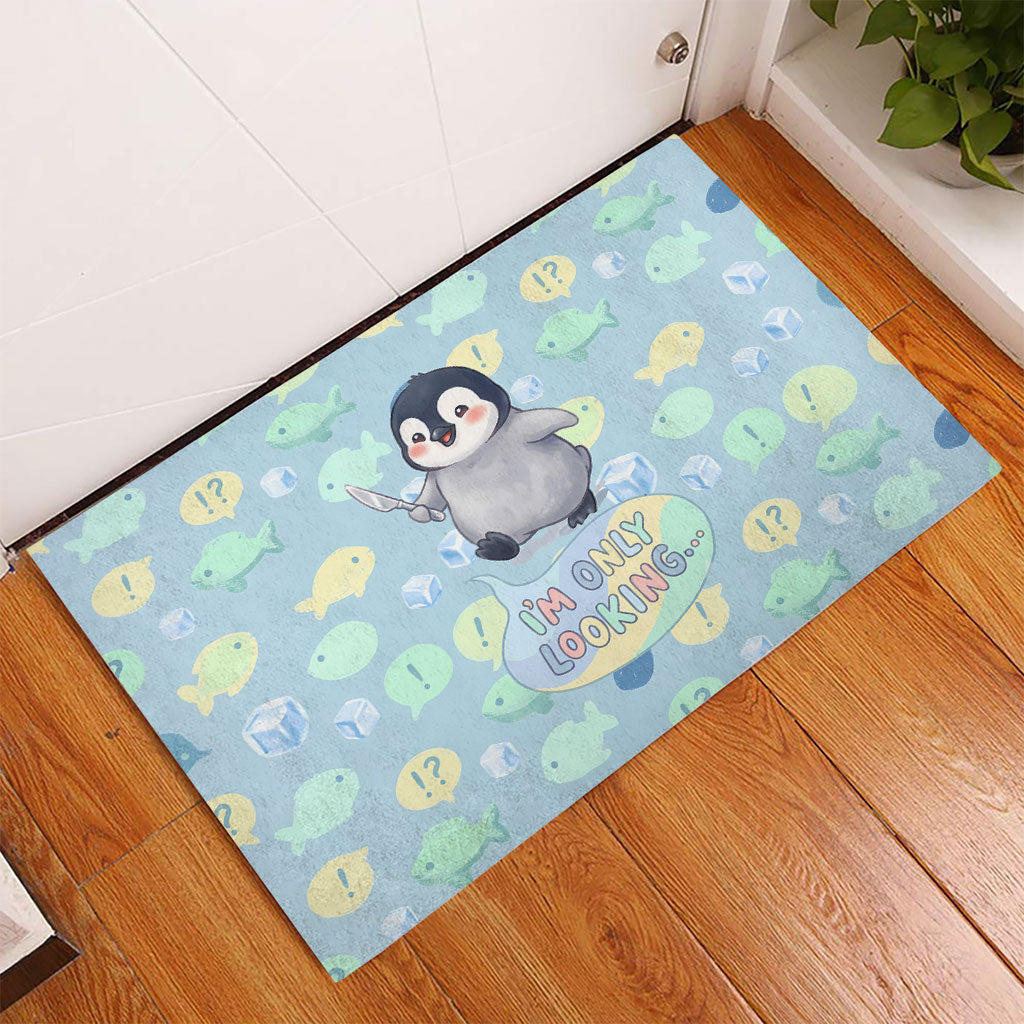 Sneaky Flipper Cute Penguin Holding Knife Rubber Doormat Funny Chibi Penguin Graphic With Ice And Fish Pattern