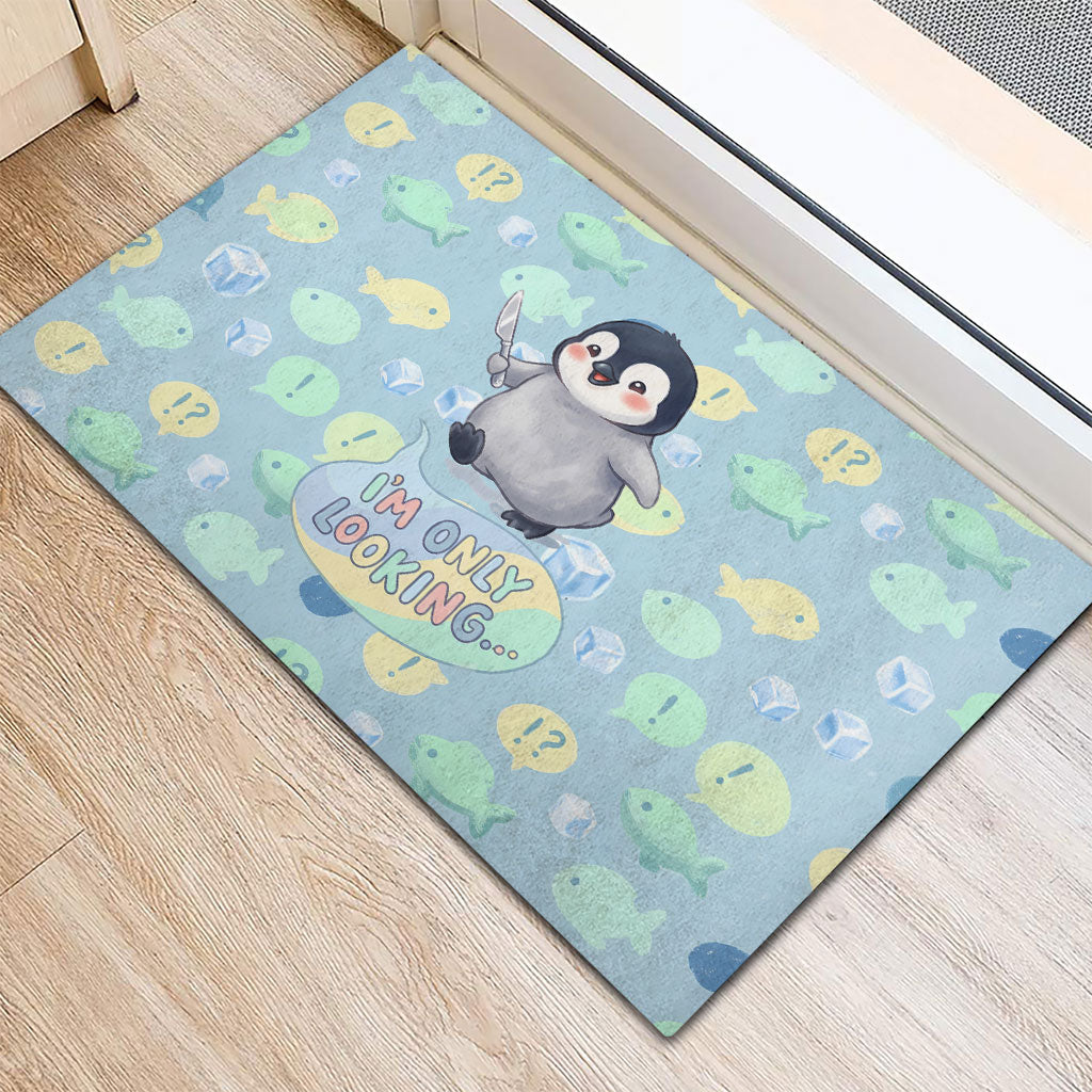 Sneaky Flipper Cute Penguin Holding Knife Rubber Doormat Funny Chibi Penguin Graphic With Ice And Fish Pattern