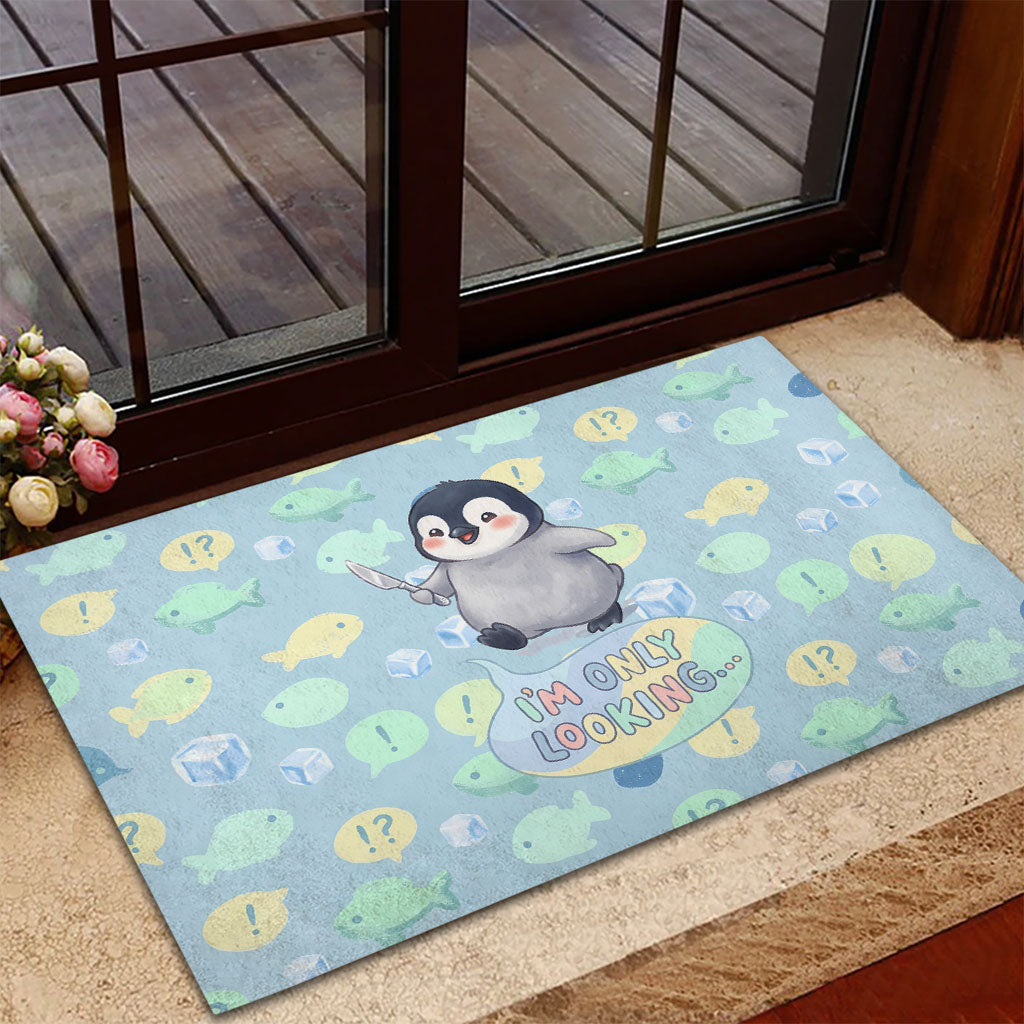 Sneaky Flipper Cute Penguin Holding Knife Rubber Doormat Funny Chibi Penguin Graphic With Ice And Fish Pattern