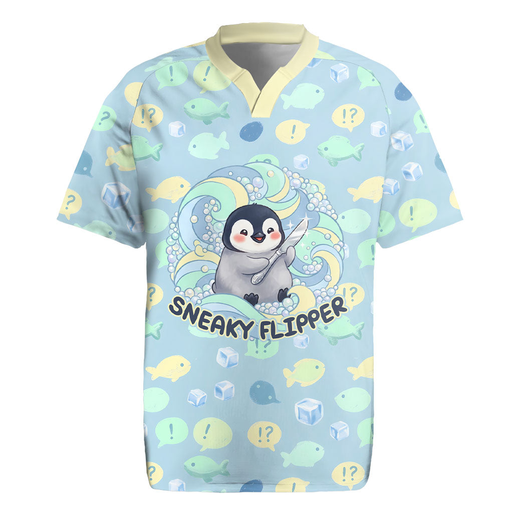 Sneaky Flipper Cute Penguin Holding Knife Rugby Jersey Funny Chibi Penguin Graphic With Ice And Fish Pattern