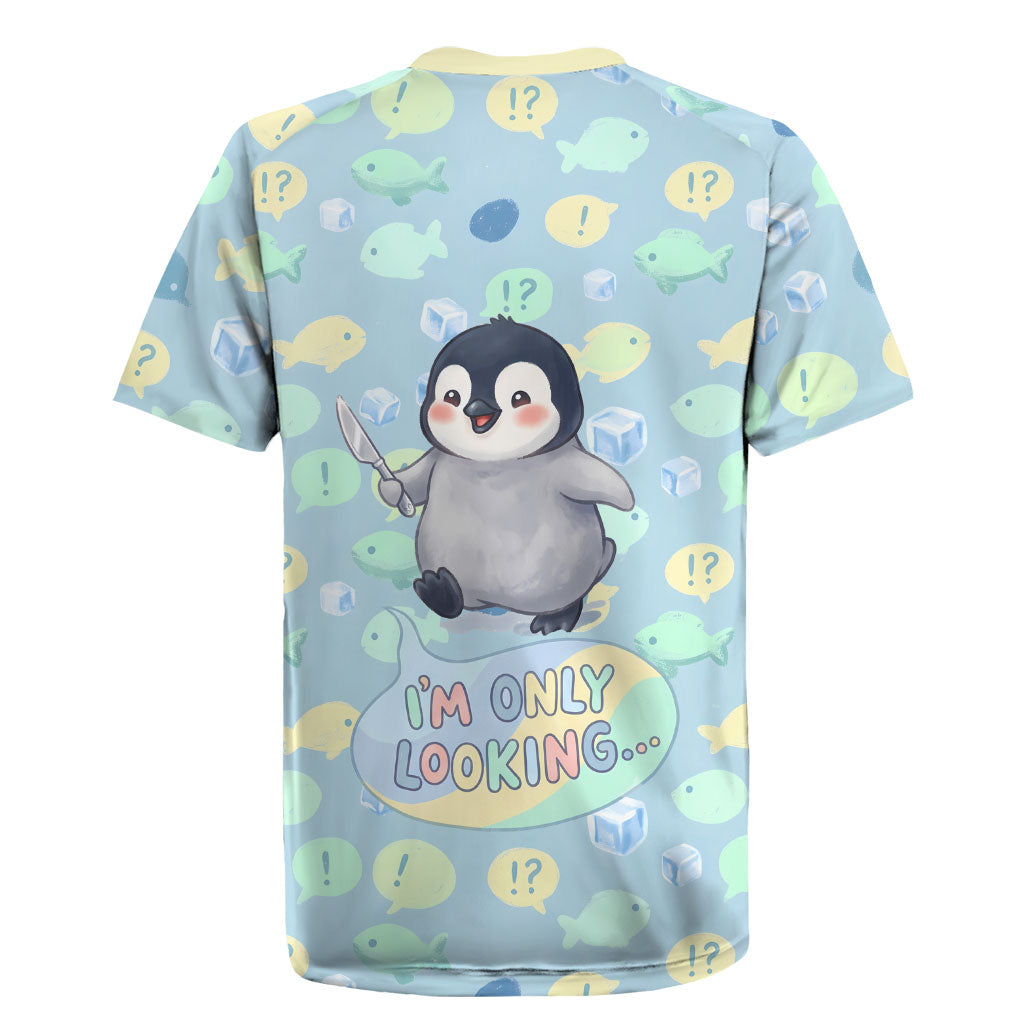 Sneaky Flipper Cute Penguin Holding Knife Rugby Jersey Funny Chibi Penguin Graphic With Ice And Fish Pattern