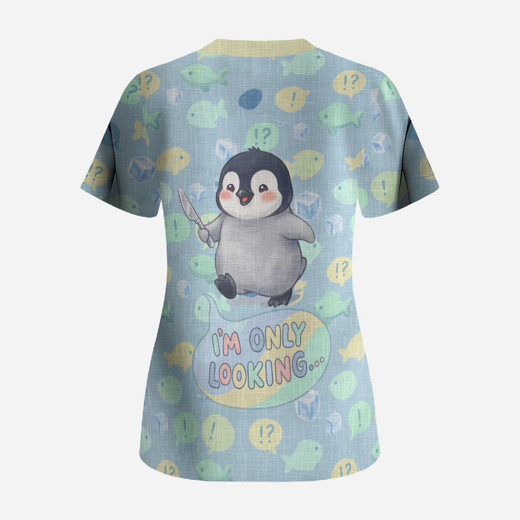 Sneaky Flipper Cute Penguin Holding Knife Scrub Top Funny Chibi Penguin Graphic With Ice And Fish Pattern