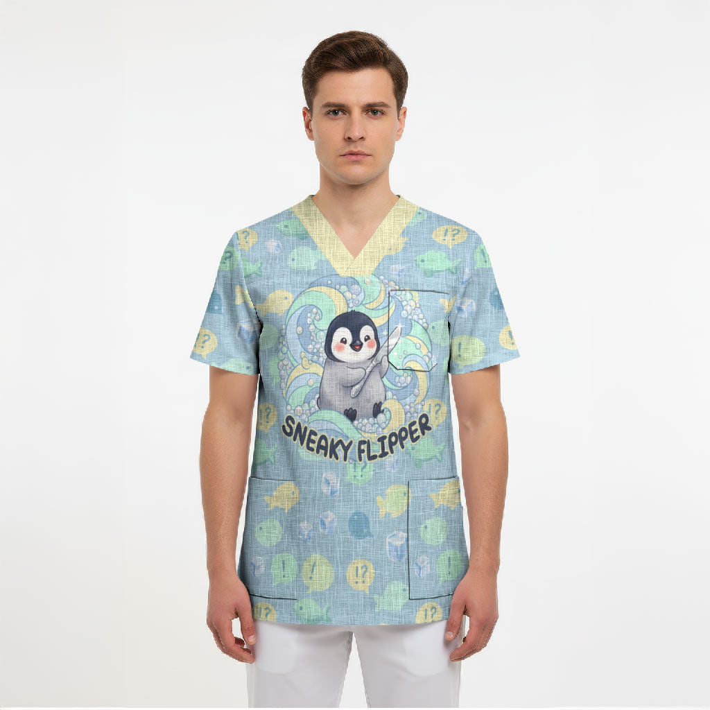Sneaky Flipper Cute Penguin Holding Knife Scrub Top Funny Chibi Penguin Graphic With Ice And Fish Pattern