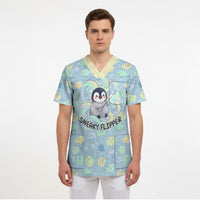 Sneaky Flipper Cute Penguin Holding Knife Scrub Top Funny Chibi Penguin Graphic With Ice And Fish Pattern