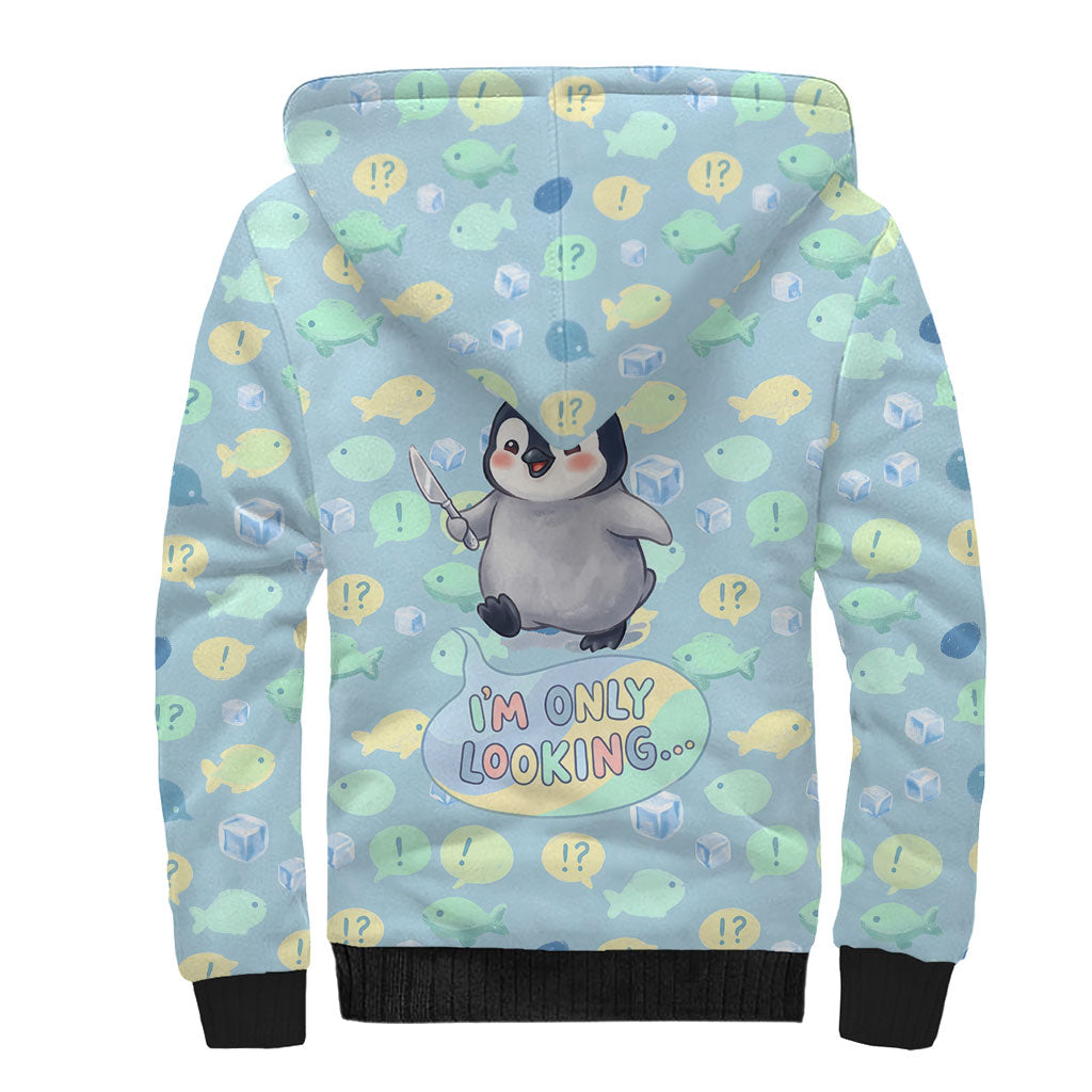 Sneaky Flipper Cute Penguin Holding Knife Sherpa Hoodie Funny Chibi Penguin Graphic With Ice And Fish Pattern