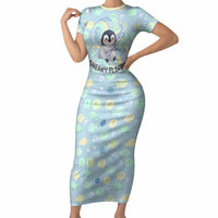 Sneaky Flipper Cute Penguin Holding Knife Short Sleeve Bodycon Dress Funny Chibi Penguin Graphic With Ice And Fish Pattern