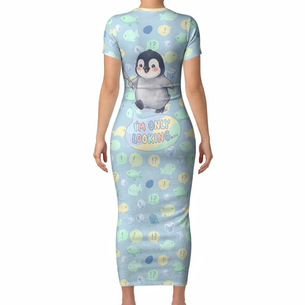 Sneaky Flipper Cute Penguin Holding Knife Short Sleeve Bodycon Dress Funny Chibi Penguin Graphic With Ice And Fish Pattern