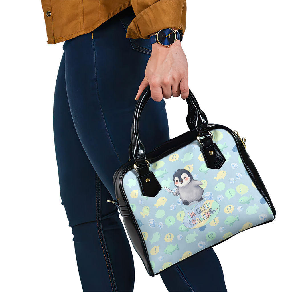 Sneaky Flipper Cute Penguin Holding Knife Shoulder Handbag Funny Chibi Penguin Graphic With Ice And Fish Pattern