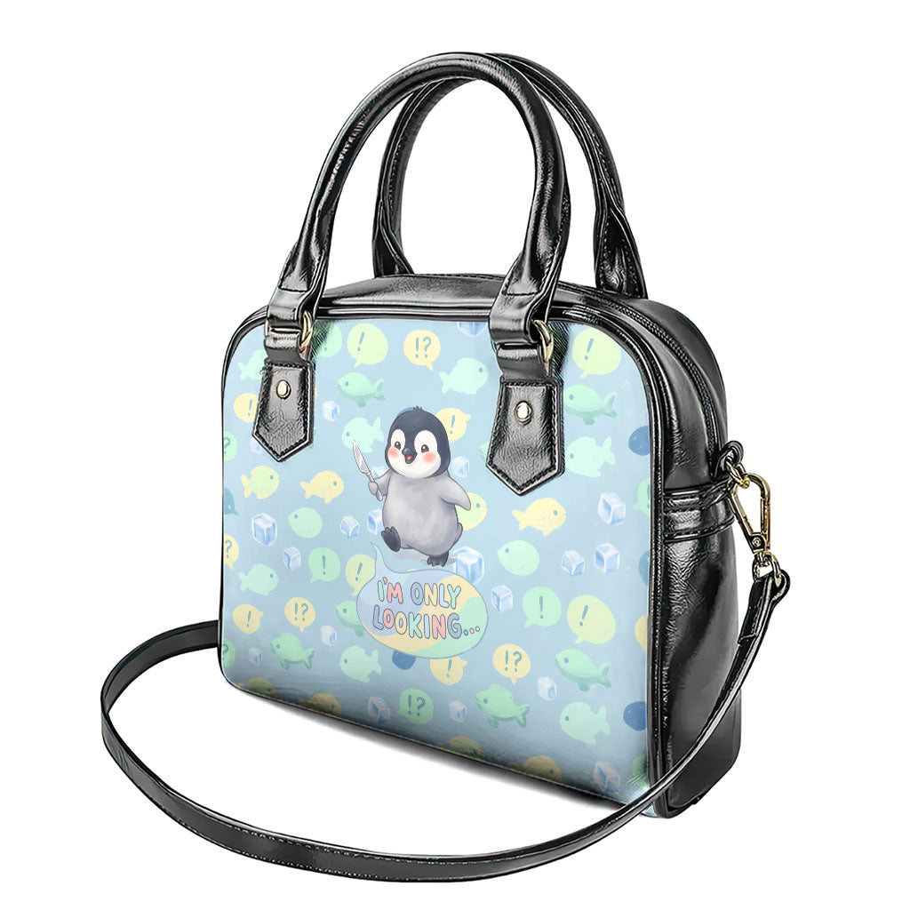 Sneaky Flipper Cute Penguin Holding Knife Shoulder Handbag Funny Chibi Penguin Graphic With Ice And Fish Pattern