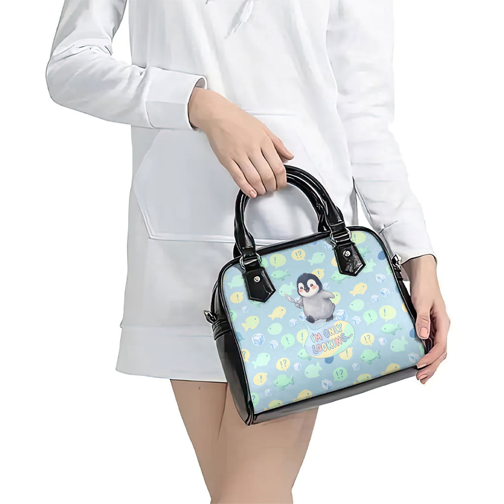 Sneaky Flipper Cute Penguin Holding Knife Shoulder Handbag Funny Chibi Penguin Graphic With Ice And Fish Pattern