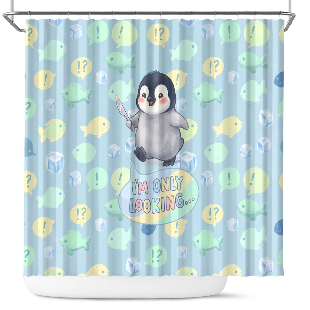 Sneaky Flipper Cute Penguin Holding Knife Shower Curtain Funny Chibi Penguin Graphic With Ice And Fish Pattern