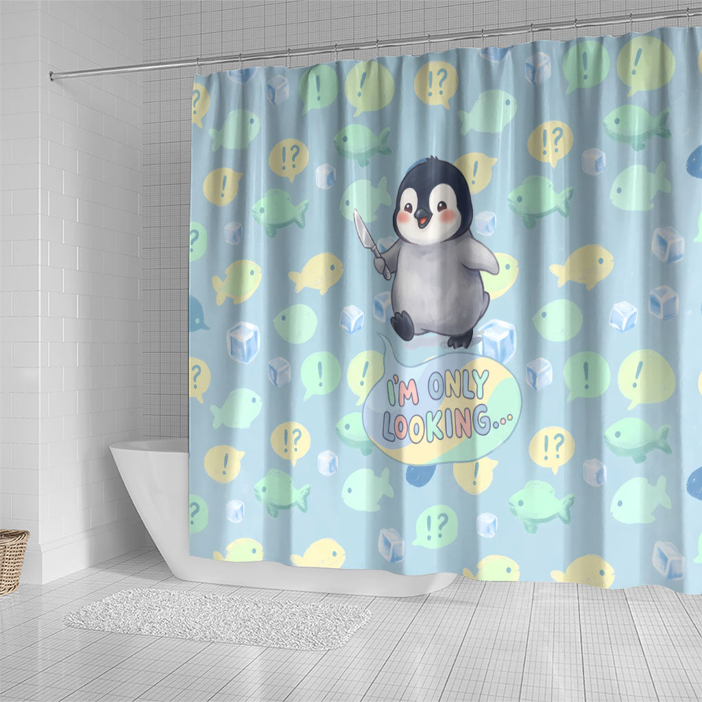 Sneaky Flipper Cute Penguin Holding Knife Shower Curtain Funny Chibi Penguin Graphic With Ice And Fish Pattern