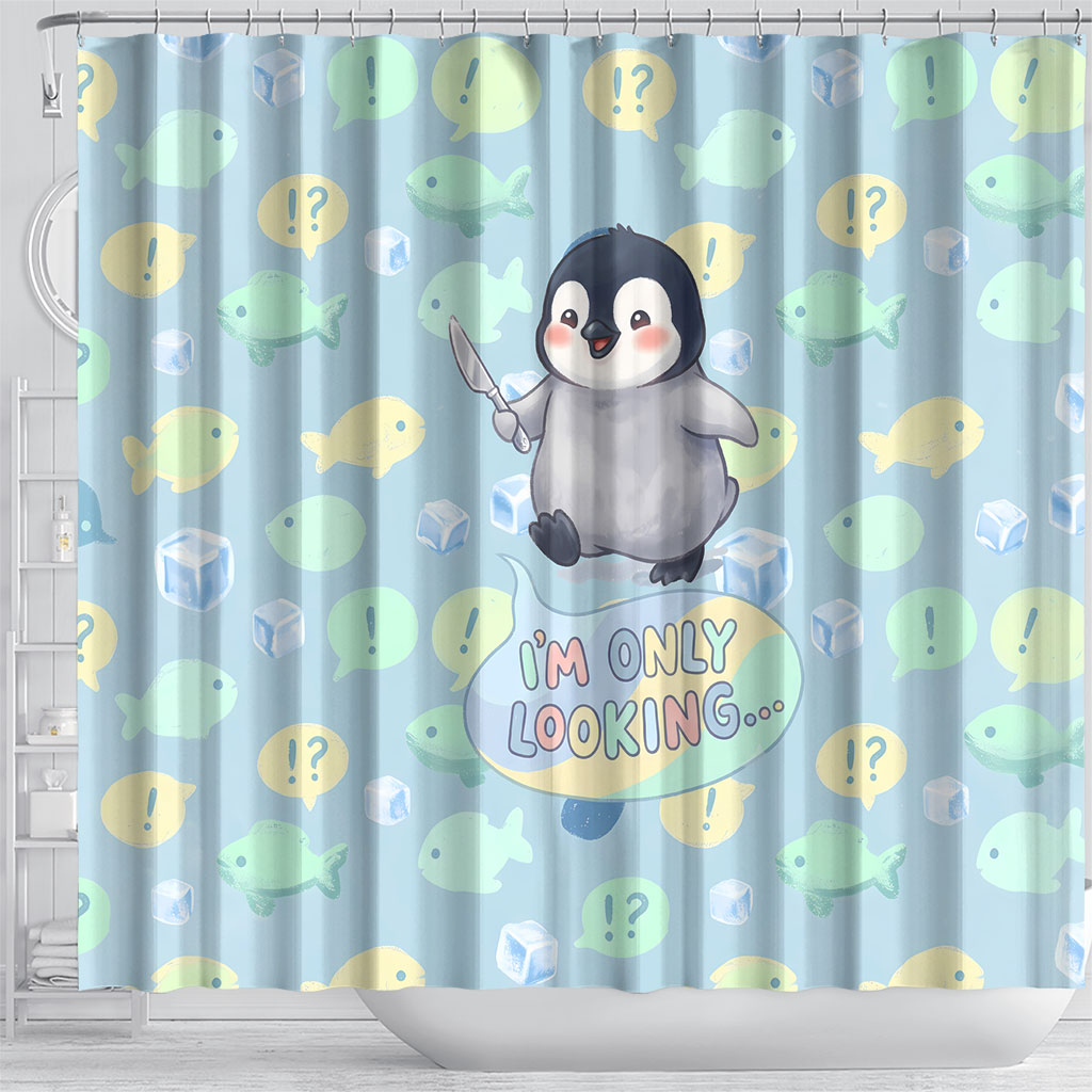 Sneaky Flipper Cute Penguin Holding Knife Shower Curtain Funny Chibi Penguin Graphic With Ice And Fish Pattern
