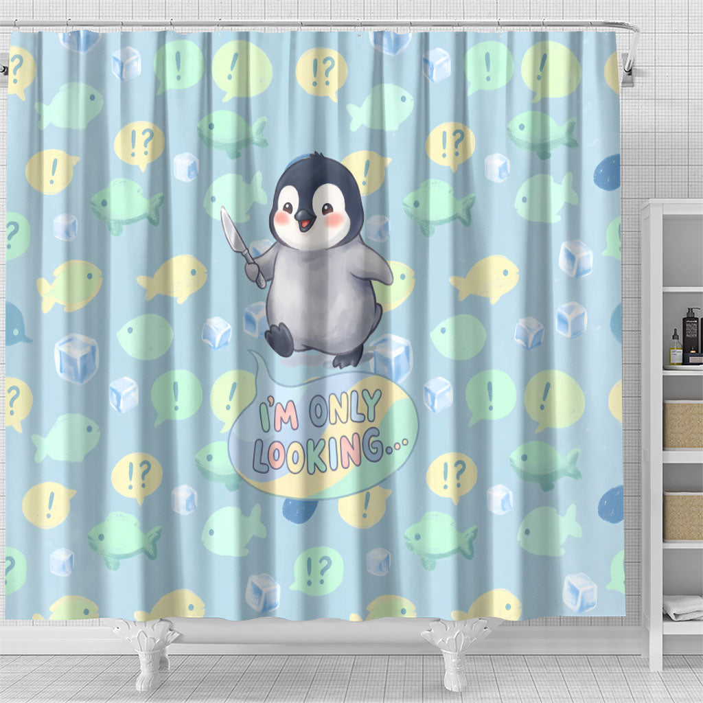 Sneaky Flipper Cute Penguin Holding Knife Shower Curtain Funny Chibi Penguin Graphic With Ice And Fish Pattern