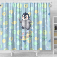 Sneaky Flipper Cute Penguin Holding Knife Shower Curtain Funny Chibi Penguin Graphic With Ice And Fish Pattern